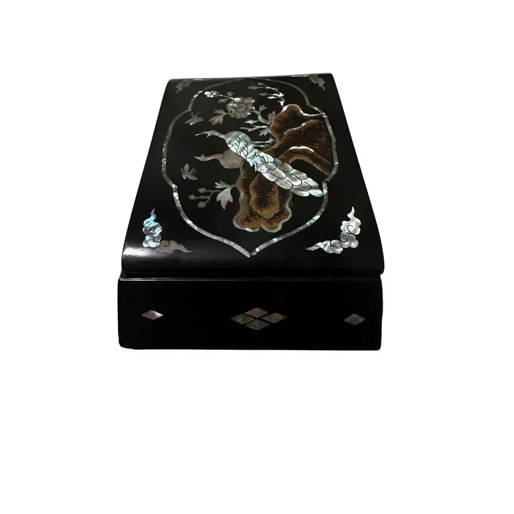 Vintage Chinoiserie Peacock Abalone Black Lacquer Asian Jewelry Trinket Box